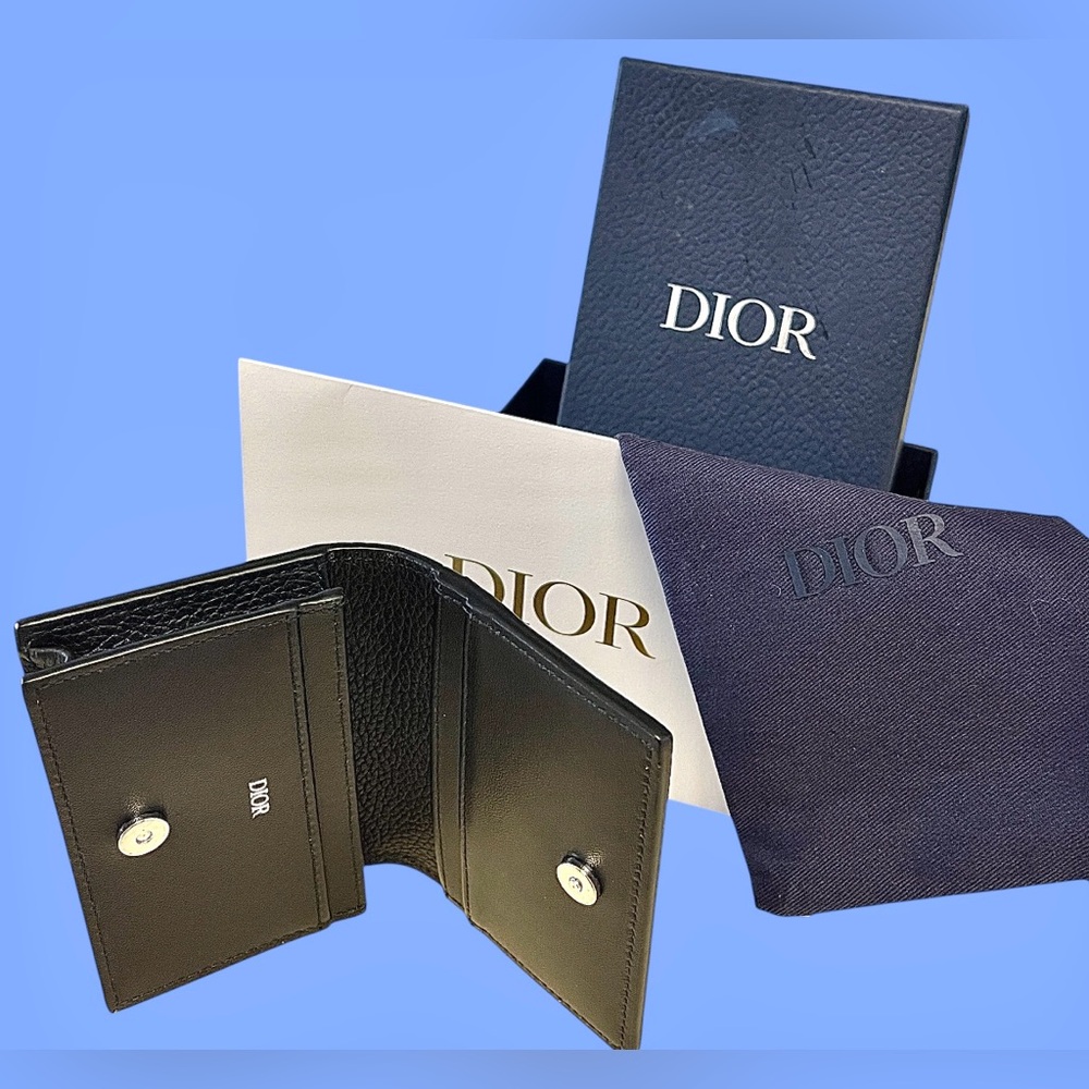 Dior NWOT Leather Wallet with Box&Dust bagPebbled black leather/white stitching - Picture 5 of 15